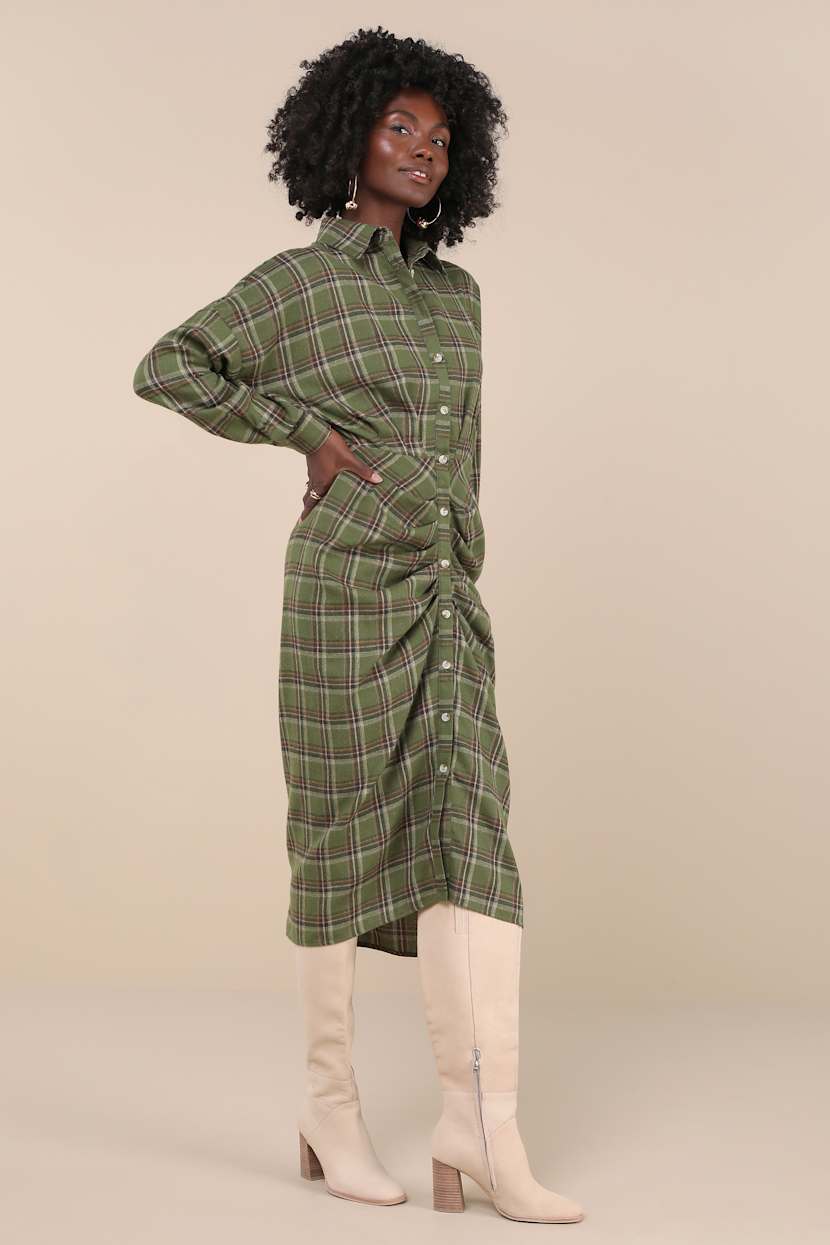 Green Plaid Dress - Ruched Long Sleeve Dress - Midi Dress - Lulus Green Plaid Dress - Ruched Long Sleeve Dress - Midi Dress - Lulus
