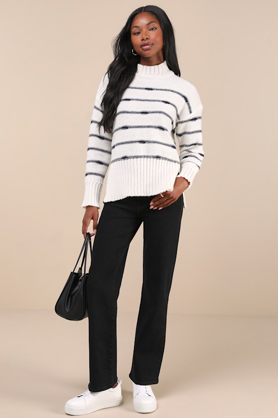 Lulus Cuddly Delight White Striped Mock Neck Pullover Sweater In White