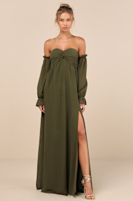 Glorious Invite Olive Green Knotted Off-the-Shoulder Maxi Dress 2