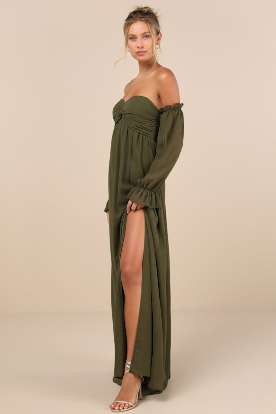 Glorious Invite Olive Green Knotted Off-the-Shoulder Maxi Dress - thumbnail 3