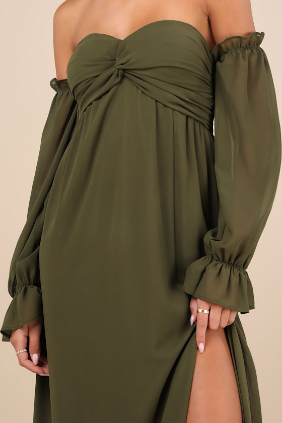 Glorious Invite Olive Green Knotted Off-the-Shoulder Maxi Dress - thumbnail 4