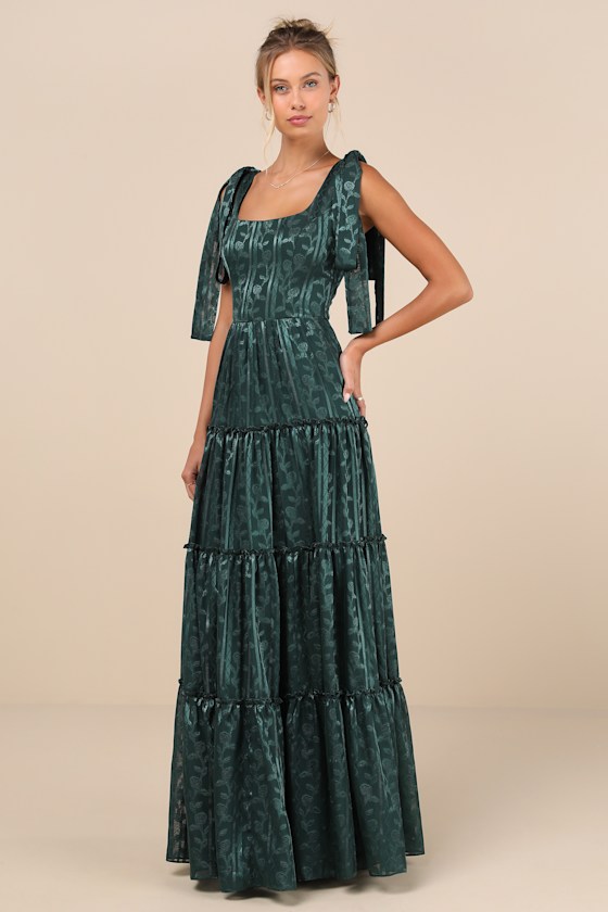 Picturesque Allure Green Jacquard Tie-Strap Maxi Dress 2