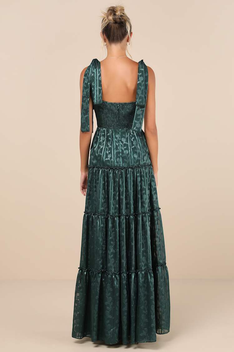 Picturesque Allure Green Jacquard Tie-Strap Maxi Dress