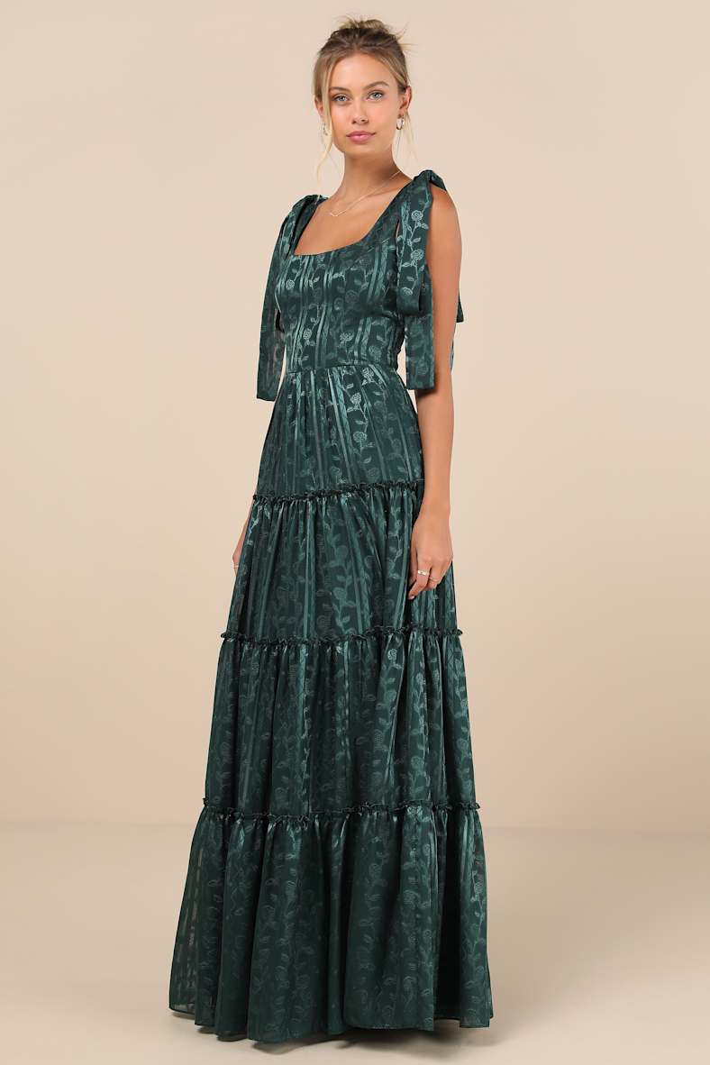 Picturesque Allure Green Jacquard Tie-Strap Maxi Dress