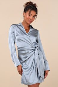 Painterly Perfection Slate Blue Satin Wrap Mini Dress 2