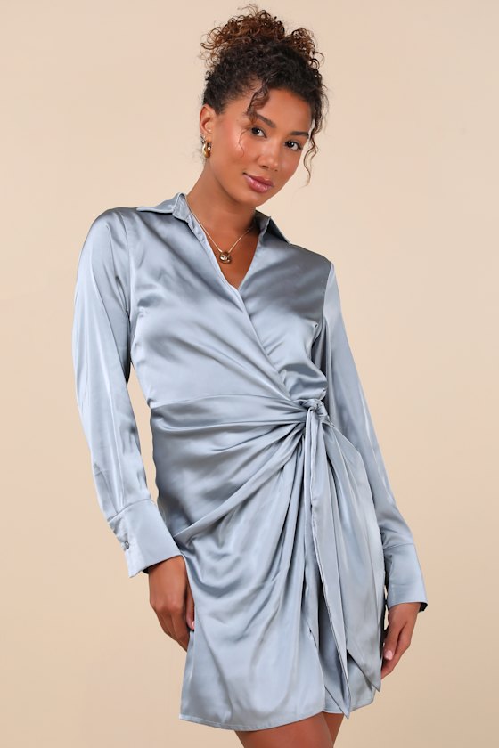Painterly Perfection Slate Blue Satin Wrap Mini Dress 2