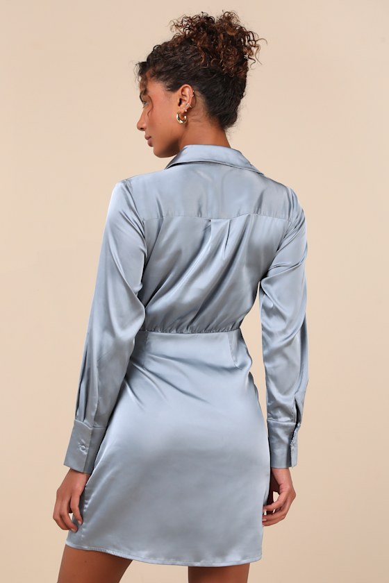 Painterly Perfection Slate Blue Satin Wrap Mini Dress