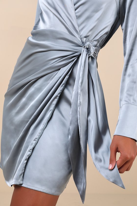 Lulus Painterly Perfection Slate Blue Satin Wrap Mini Dress In Slate Blue