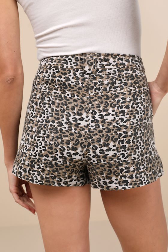 Lulus Wild Attitude Beige Leopard Print Twill High-rise Shorts In Beige