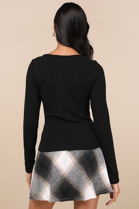 Women's Textured Cut Out Black V-Neck Top