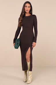Refined Attitude Brown Ribbed Side Button Midi Sweater Dress 4