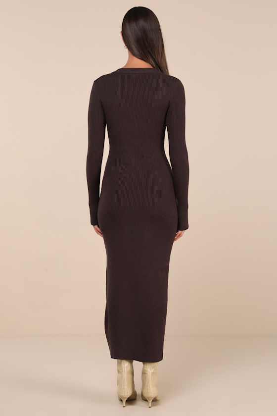 Lulus Refined Attitude Brown Ribbed Side Button Midi Sweater Dress In Brown