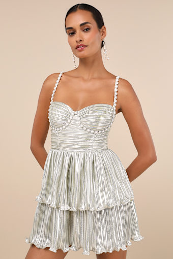 Glorious Shine Champagne Metallic Pearl Tiered Mini Dress 1