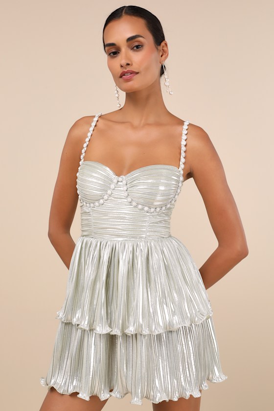 Glorious Shine Champagne Metallic Pearl Tiered Mini Dress 1