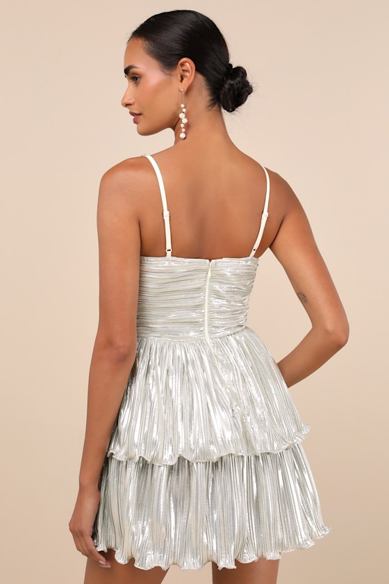 Glorious Shine Champagne Metallic Pearl Tiered Mini Dress 2