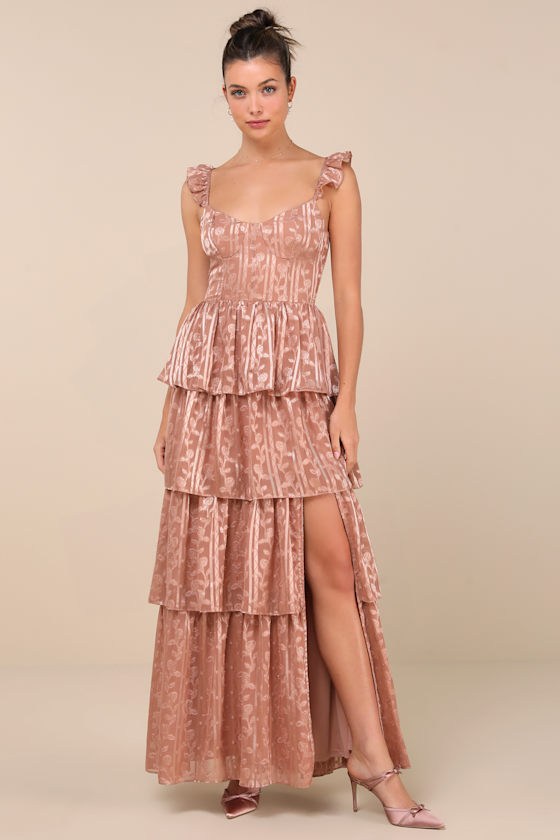 Stunning Glory Dusty Pink Floral Jacquard Tiered Maxi Dress 1