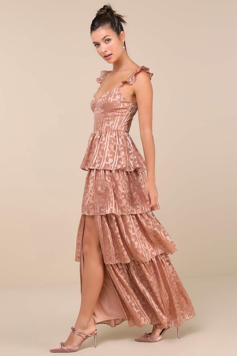 Stunning Glory Dusty Pink Floral Jacquard Tiered Maxi Dress