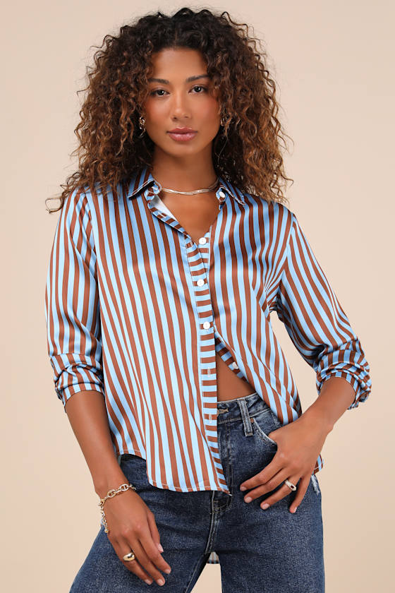Playfully Composed Brown and Blue Striped Satin Button-Up Top 4
