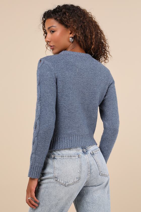 Lulus Cutout For Winter Heather Slate Blue Cable Knit Cutout Sweater In Slate Blue
