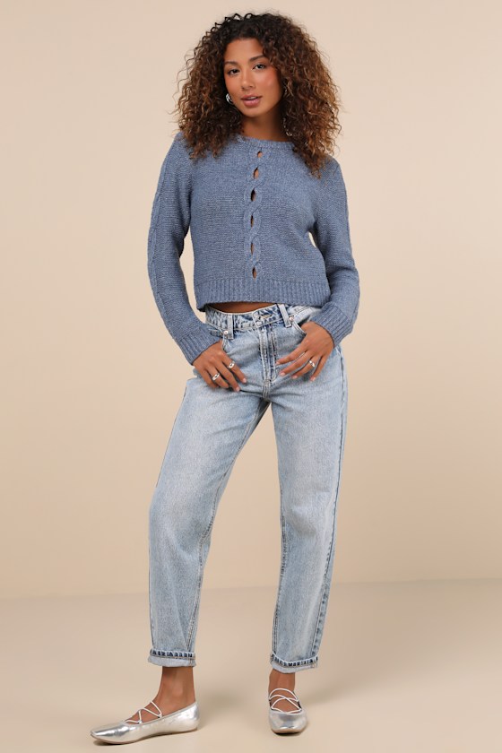 Lulus Cutout For Winter Heather Slate Blue Cable Knit Cutout Sweater In Slate Blue