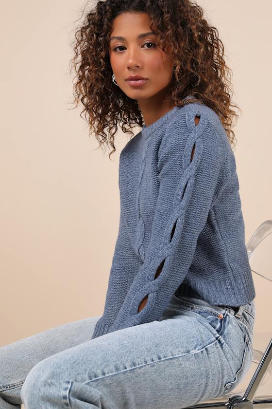 Lulus Cutout For Winter Heather Slate Blue Cable Knit Cutout Sweater In Slate Blue