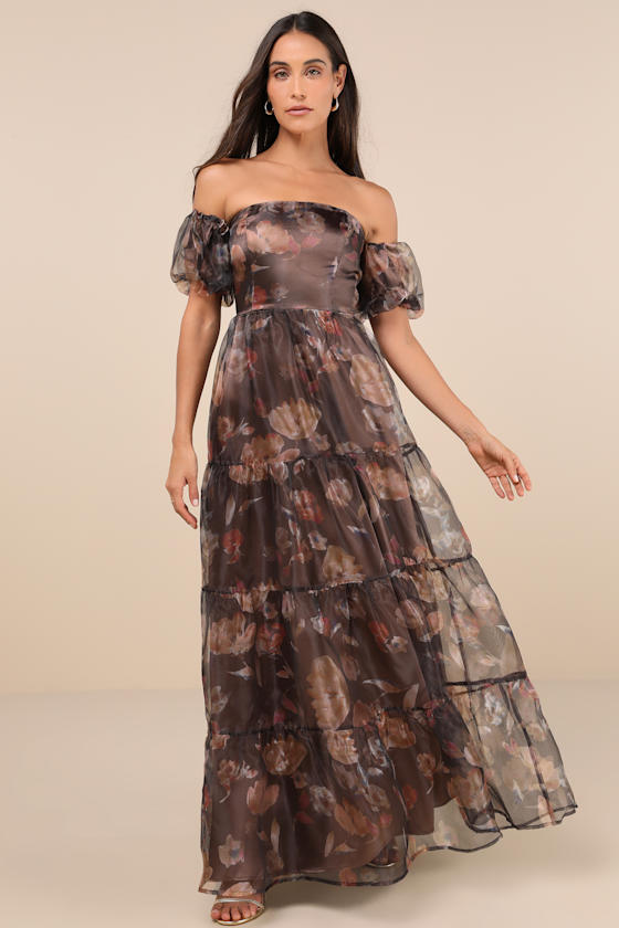 LULUS EXQUISITE FINESSE BROWN FLORAL ORGANZA MAXI DRESS WITH POCKETS