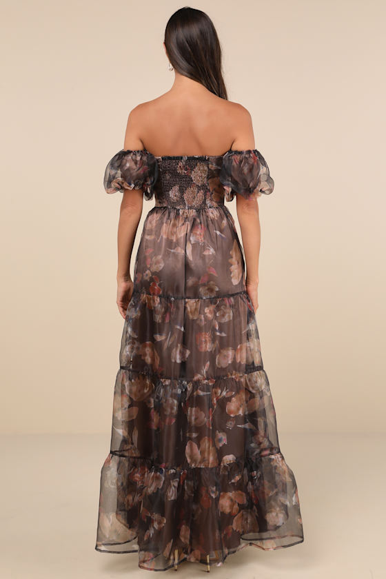 LULUS EXQUISITE FINESSE BROWN FLORAL ORGANZA MAXI DRESS WITH POCKETS