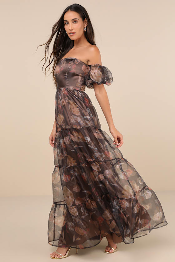 LULUS EXQUISITE FINESSE BROWN FLORAL ORGANZA MAXI DRESS WITH POCKETS