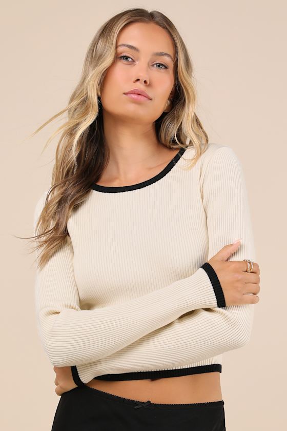 Ribbed Knit Sweater Top With Pocket - Cream main image 1