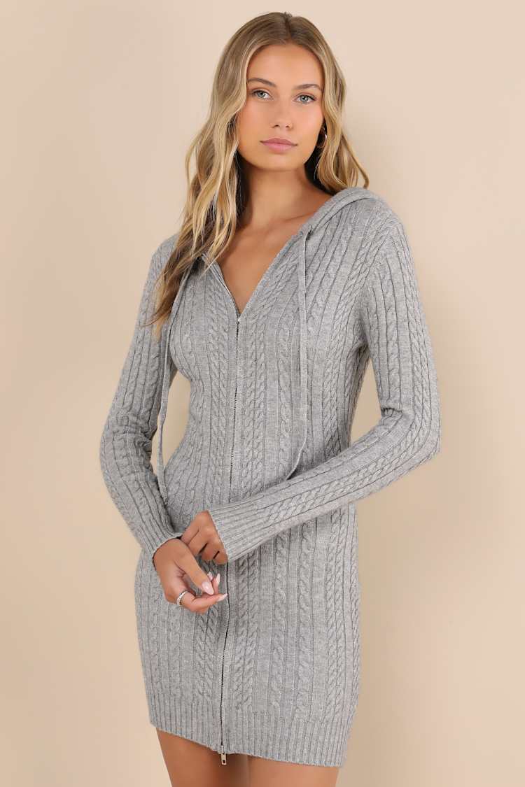 Grey Sweater Dress - Zip-Front Sweater Dress - Hooded Mini Dress  