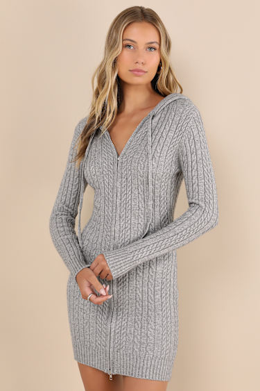 Grey Sweater Dress Zip-Front Sweater Dress Hooded Mini Dress