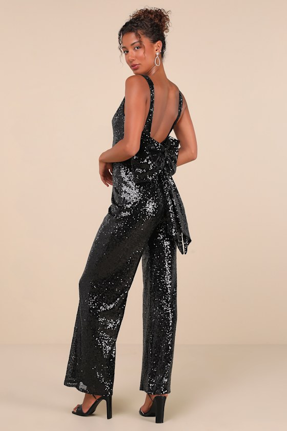 LULUS FEELING SPARKLY BLACK SEQUIN BOW WIDE-LEG JUMPSUIT