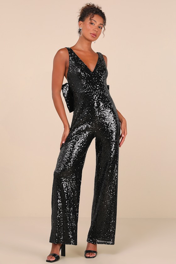 LULUS FEELING SPARKLY BLACK SEQUIN BOW WIDE-LEG JUMPSUIT