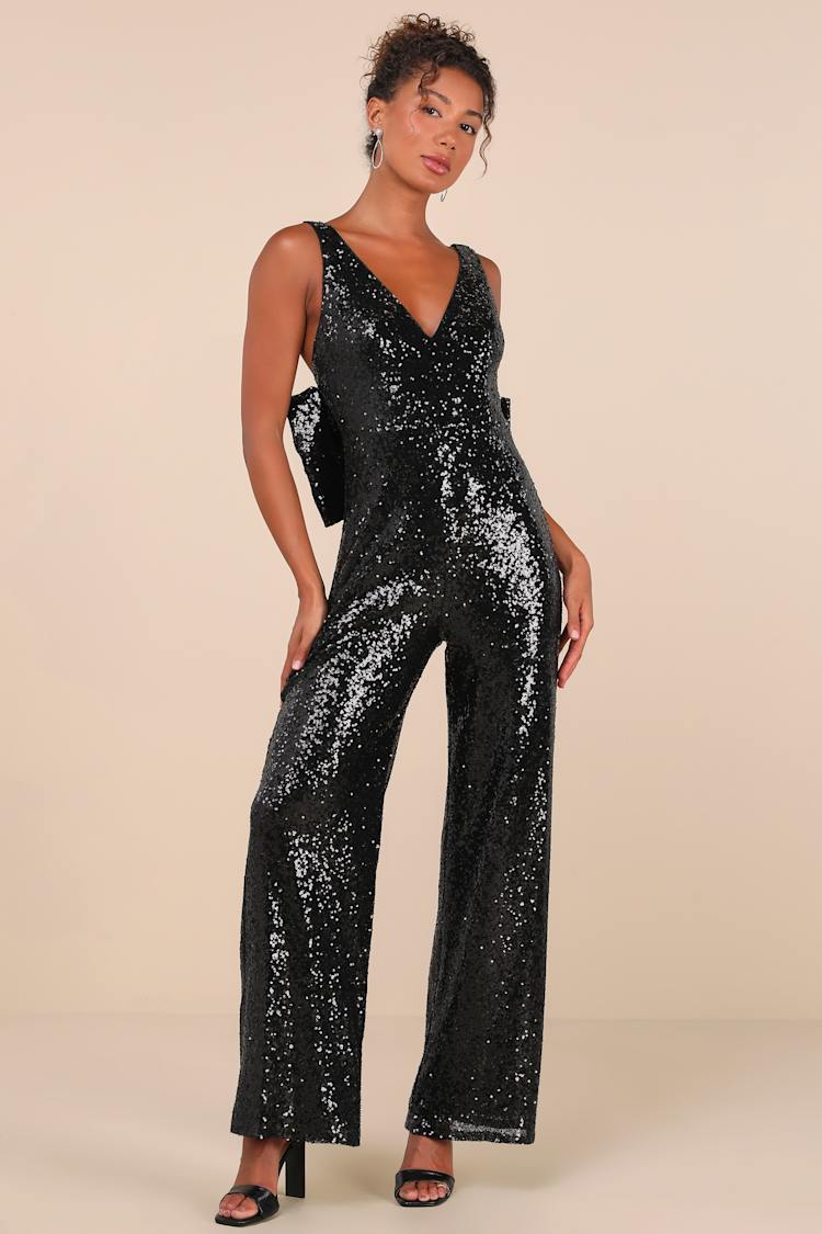 Feeling Sparkly Black Sequin Bow Wide-Leg Jumpsuit