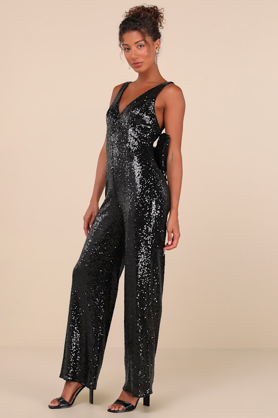LULUS FEELING SPARKLY BLACK SEQUIN BOW WIDE-LEG JUMPSUIT