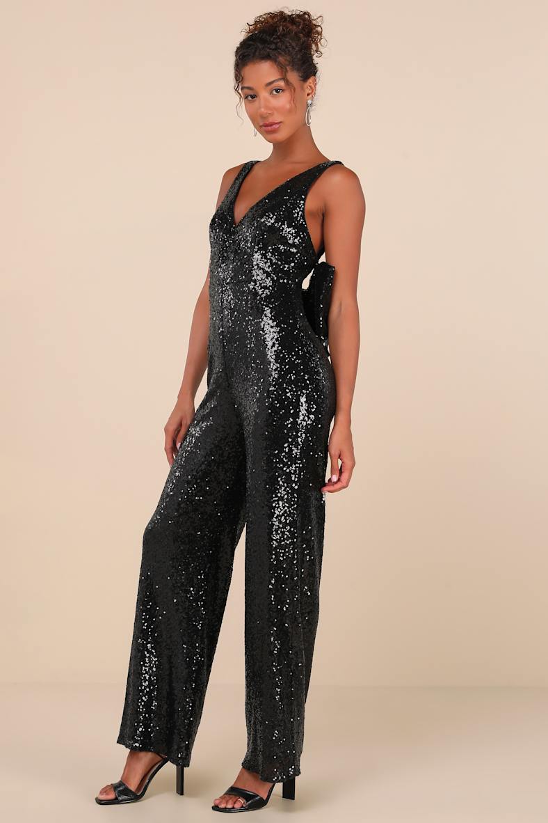 Feeling Sparkly Black Sequin Bow Wide-Leg Jumpsuit