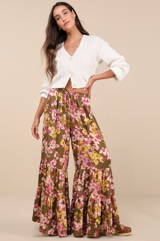 Sweeter Sunsets Olive Green Floral Satin Tiered Wide-Leg Pants 1