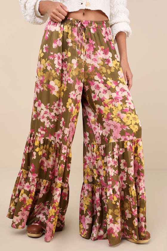 Sweeter Sunsets Olive Green Floral Satin Tiered Wide-Leg Pants 2