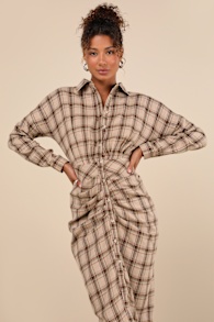 Seasonal Spirit Taupe Plaid Ruched Long Sleeve Midi Dress 1