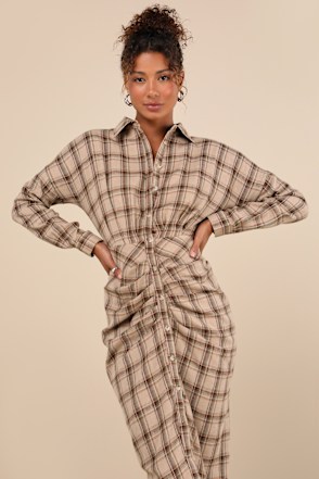 Taupe Plaid Dress - Ruched Long Sleeve Dress - Midi Dress - Lulus