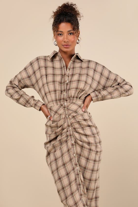 Seasonal Spirit Taupe Plaid Ruched Long Sleeve Midi Dress 1