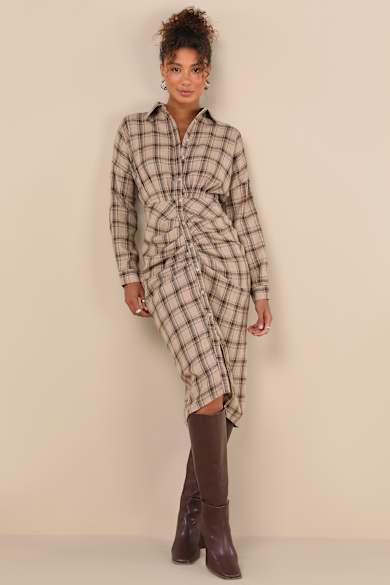 kala burgundy plaid button-front mini dress pockets real Burgundy Plaid Shirt Dress with Pockets main image 0
