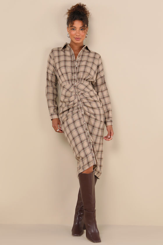 Seasonal Spirit Taupe Plaid Ruched Long Sleeve Midi Dress 2
