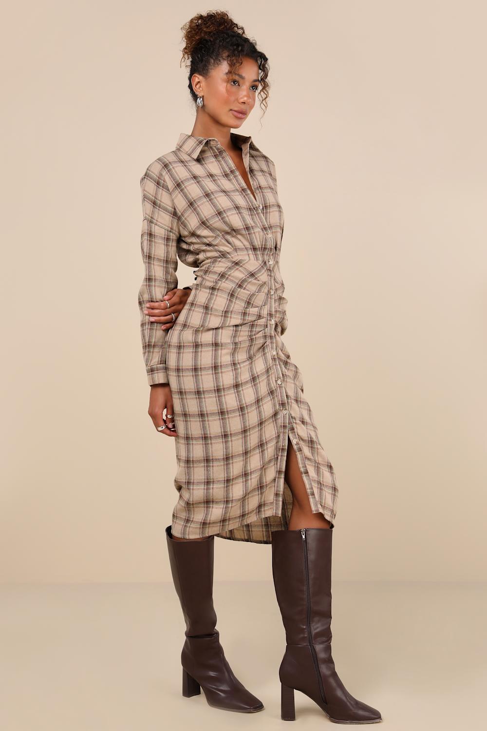 Seasonal Spirit Taupe Plaid Ruched Long Sleeve Midi Dress