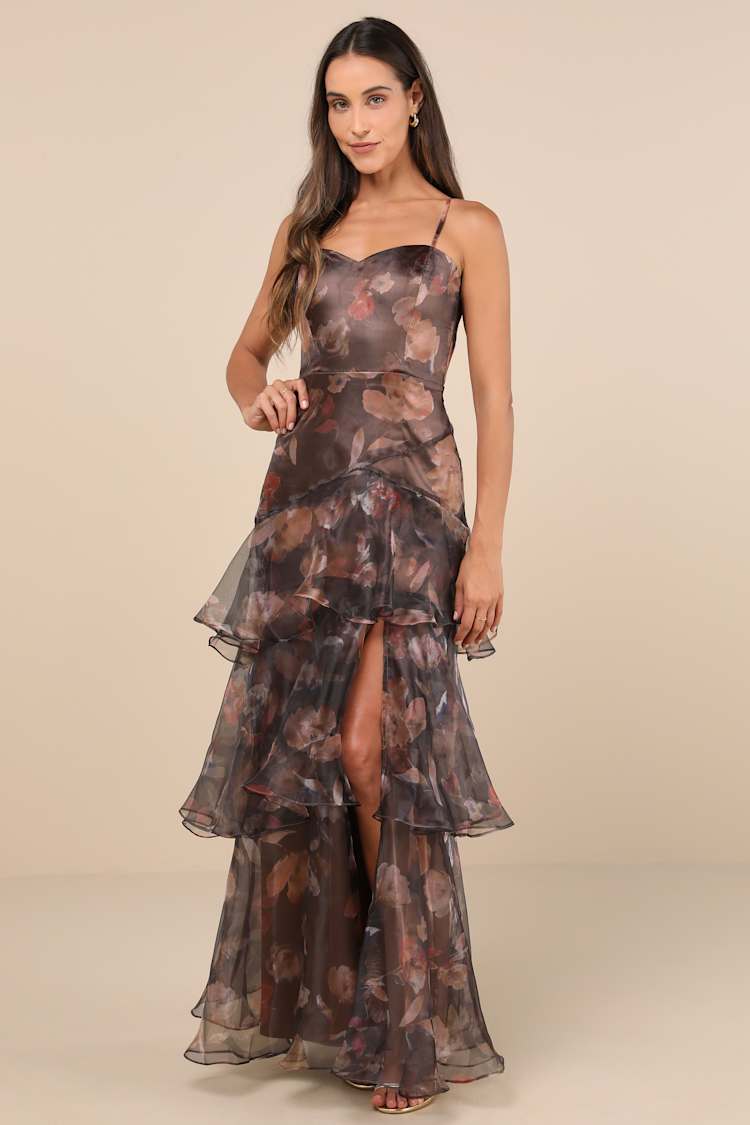 brown ruffle maxi dress Floral Smocked Ruffle Maxi Dress main image 1