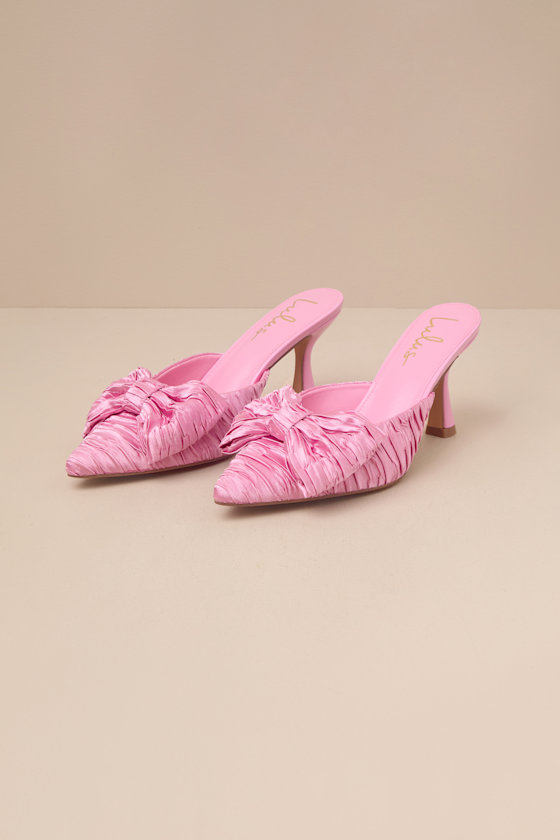 Bettanie Rose Pink Satin Textured Bow High Heel Mules 1