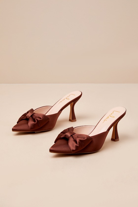 Bettanie Chocolate Satin Bow High Heel Mules 1
