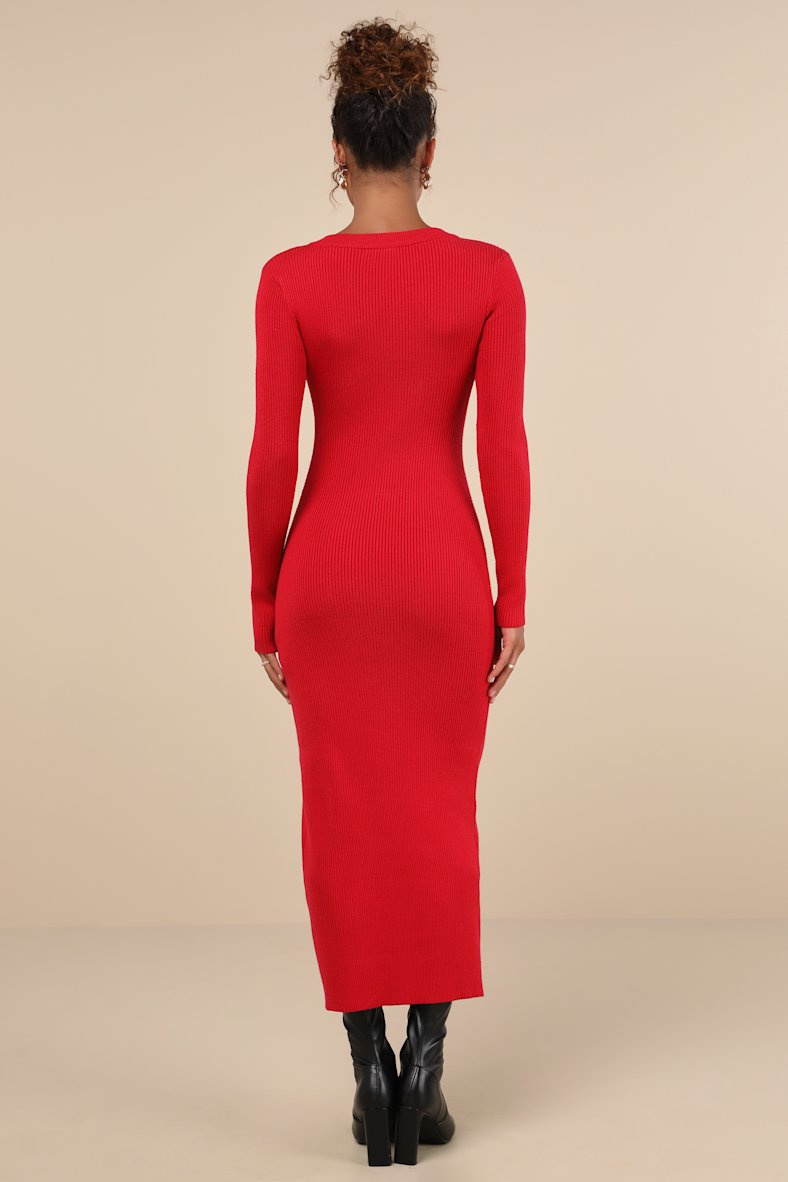Refined Attitude Red Ribbed Side Button Midi Sweater Dress