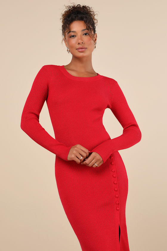 Lulus Refined Attitude Red Ribbed Side Button Midi Sweater Dress In Red