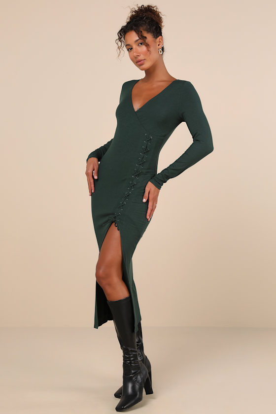 Green Ribbed Dress - Jersey Knit Dress - Lace-Up Midi Dress Green Ribbed Dress - Jersey Knit Dress - Lace-Up Midi Dress